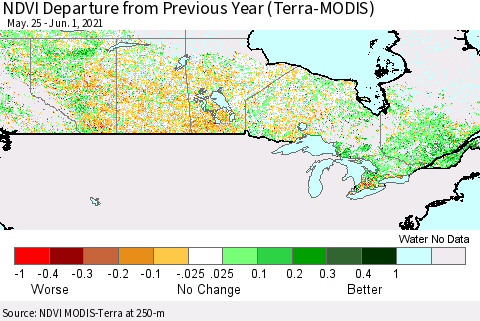 Canada NDVI Departure from Previous Year (Terra-MODIS) Thematic Map For 5/25/2021 - 6/1/2021