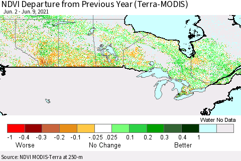 Canada NDVI Departure from Previous Year (Terra-MODIS) Thematic Map For 6/2/2021 - 6/9/2021