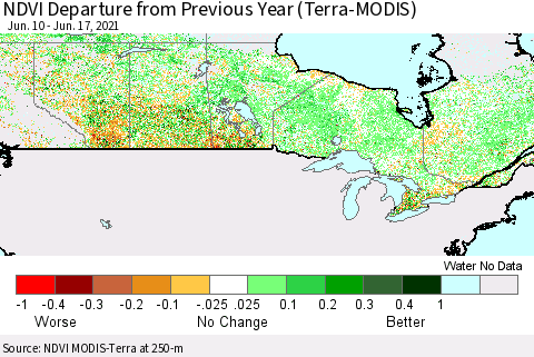 Canada NDVI Departure from Previous Year (Terra-MODIS) Thematic Map For 6/10/2021 - 6/17/2021