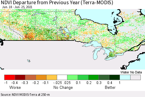 Canada NDVI Departure from Previous Year (Terra-MODIS) Thematic Map For 6/18/2021 - 6/25/2021