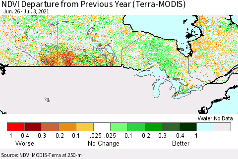 Canada NDVI Departure from Previous Year (Terra-MODIS) Thematic Map For 6/26/2021 - 7/3/2021