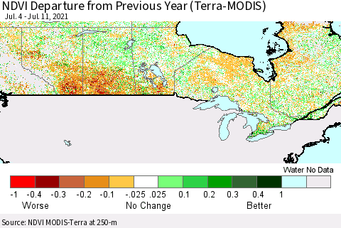 Canada NDVI Departure from Previous Year (Terra-MODIS) Thematic Map For 7/4/2021 - 7/11/2021
