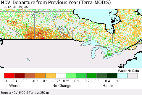 Canada NDVI Departure from Previous Year (Terra-MODIS) Thematic Map For 7/12/2021 - 7/19/2021