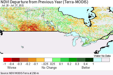 Canada NDVI Departure from Previous Year (Terra-MODIS) Thematic Map For 7/20/2021 - 7/27/2021