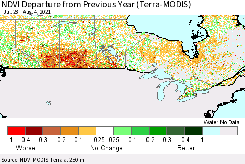 Canada NDVI Departure from Previous Year (Terra-MODIS) Thematic Map For 7/28/2021 - 8/4/2021