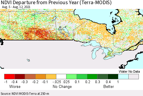 Canada NDVI Departure from Previous Year (Terra-MODIS) Thematic Map For 8/5/2021 - 8/12/2021