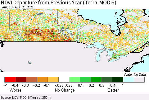 Canada NDVI Departure from Previous Year (Terra-MODIS) Thematic Map For 8/13/2021 - 8/20/2021