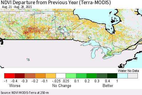 Canada NDVI Departure from Previous Year (Terra-MODIS) Thematic Map For 8/21/2021 - 8/28/2021