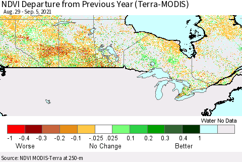 Canada NDVI Departure from Previous Year (Terra-MODIS) Thematic Map For 8/29/2021 - 9/5/2021