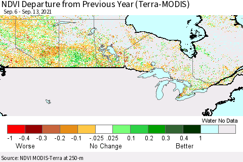 Canada NDVI Departure from Previous Year (Terra-MODIS) Thematic Map For 9/6/2021 - 9/13/2021