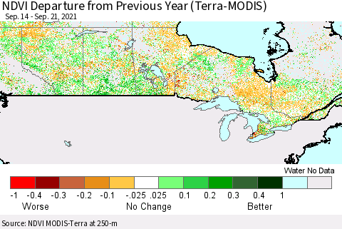 Canada NDVI Departure from Previous Year (Terra-MODIS) Thematic Map For 9/14/2021 - 9/21/2021