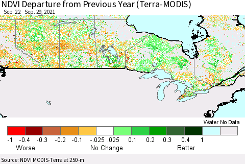 Canada NDVI Departure from Previous Year (Terra-MODIS) Thematic Map For 9/22/2021 - 9/29/2021