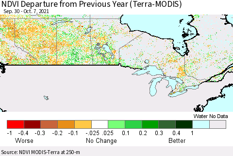 Canada NDVI Departure from Previous Year (Terra-MODIS) Thematic Map For 9/30/2021 - 10/7/2021