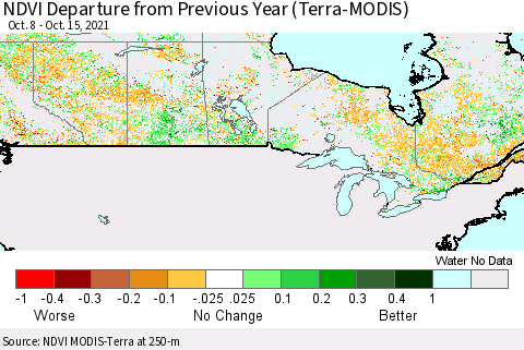 Canada NDVI Departure from Previous Year (Terra-MODIS) Thematic Map For 10/8/2021 - 10/15/2021