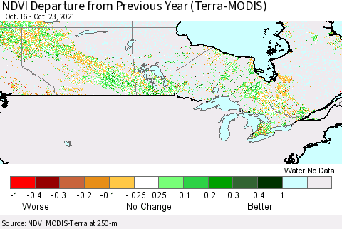 Canada NDVI Departure from Previous Year (Terra-MODIS) Thematic Map For 10/16/2021 - 10/23/2021