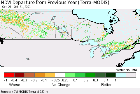 Canada NDVI Departure from Previous Year (Terra-MODIS) Thematic Map For 10/24/2021 - 10/31/2021
