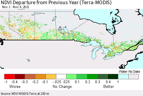 Canada NDVI Departure from Previous Year (Terra-MODIS) Thematic Map For 11/1/2021 - 11/8/2021