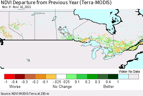 Canada NDVI Departure from Previous Year (Terra-MODIS) Thematic Map For 11/9/2021 - 11/16/2021
