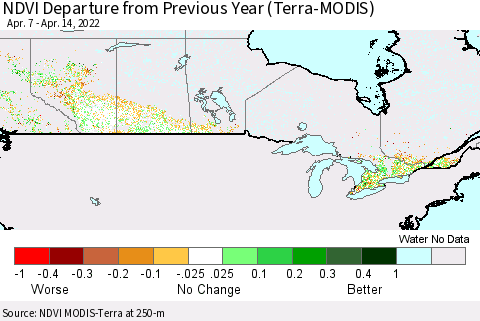 Canada NDVI Departure from Previous Year (Terra-MODIS) Thematic Map For 4/7/2022 - 4/14/2022