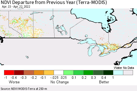 Canada NDVI Departure from Previous Year (Terra-MODIS) Thematic Map For 4/15/2022 - 4/22/2022