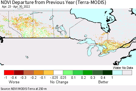 Canada NDVI Departure from Previous Year (Terra-MODIS) Thematic Map For 4/23/2022 - 4/30/2022