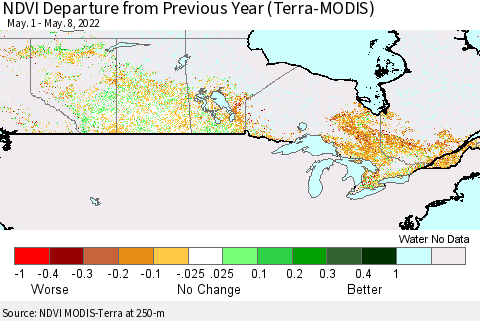 Canada NDVI Departure from Previous Year (Terra-MODIS) Thematic Map For 5/1/2022 - 5/8/2022