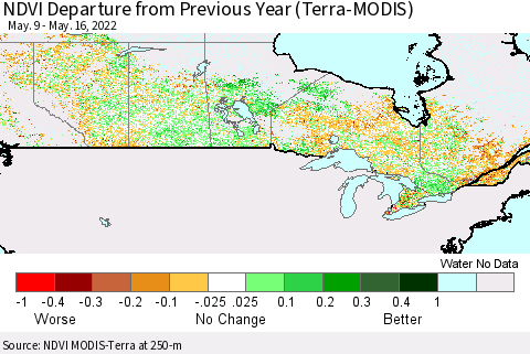 Canada NDVI Departure from Previous Year (Terra-MODIS) Thematic Map For 5/9/2022 - 5/16/2022