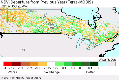 Canada NDVI Departure from Previous Year (Terra-MODIS) Thematic Map For 5/17/2022 - 5/24/2022