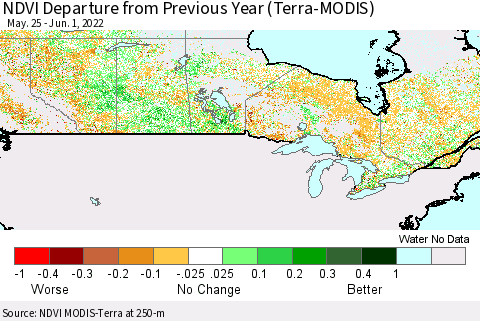Canada NDVI Departure from Previous Year (Terra-MODIS) Thematic Map For 5/25/2022 - 6/1/2022
