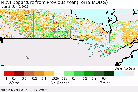 Canada NDVI Departure from Previous Year (Terra-MODIS) Thematic Map For 6/2/2022 - 6/9/2022