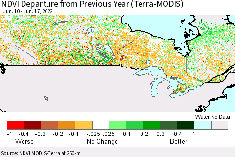 Canada NDVI Departure from Previous Year (Terra-MODIS) Thematic Map For 6/10/2022 - 6/17/2022