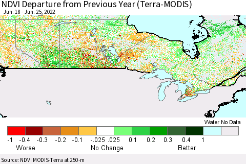 Canada NDVI Departure from Previous Year (Terra-MODIS) Thematic Map For 6/18/2022 - 6/25/2022