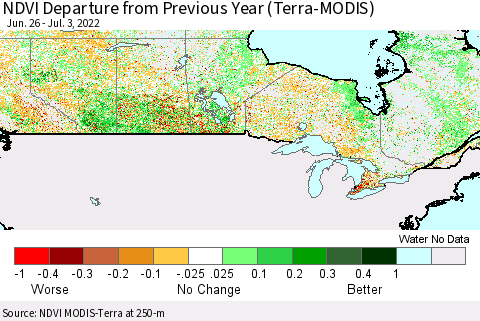 Canada NDVI Departure from Previous Year (Terra-MODIS) Thematic Map For 6/26/2022 - 7/3/2022