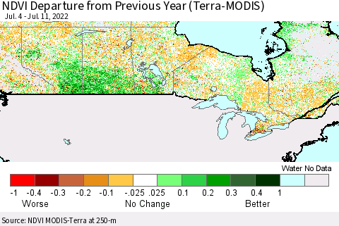 Canada NDVI Departure from Previous Year (Terra-MODIS) Thematic Map For 7/4/2022 - 7/11/2022
