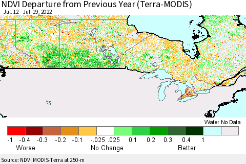 Canada NDVI Departure from Previous Year (Terra-MODIS) Thematic Map For 7/12/2022 - 7/19/2022