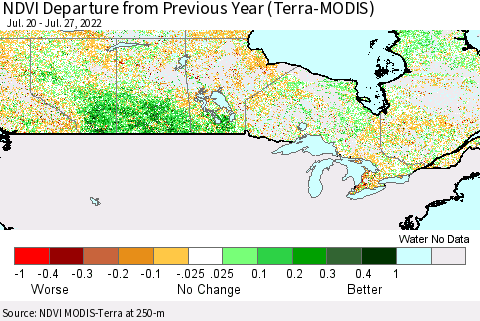 Canada NDVI Departure from Previous Year (Terra-MODIS) Thematic Map For 7/20/2022 - 7/27/2022
