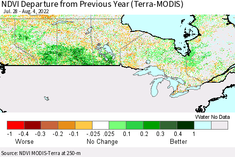 Canada NDVI Departure from Previous Year (Terra-MODIS) Thematic Map For 7/28/2022 - 8/4/2022