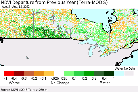 Canada NDVI Departure from Previous Year (Terra-MODIS) Thematic Map For 8/5/2022 - 8/12/2022