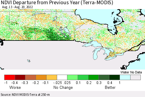 Canada NDVI Departure from Previous Year (Terra-MODIS) Thematic Map For 8/13/2022 - 8/20/2022