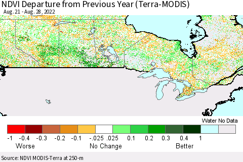 Canada NDVI Departure from Previous Year (Terra-MODIS) Thematic Map For 8/21/2022 - 8/28/2022