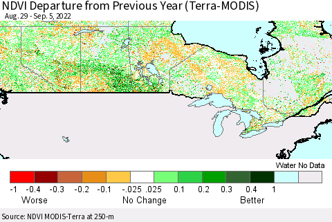 Canada NDVI Departure from Previous Year (Terra-MODIS) Thematic Map For 8/29/2022 - 9/5/2022