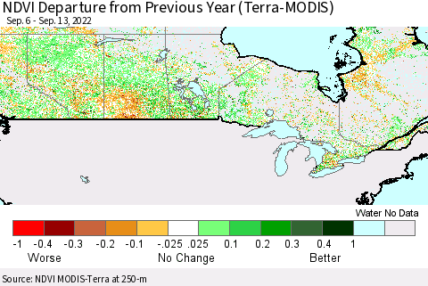 Canada NDVI Departure from Previous Year (Terra-MODIS) Thematic Map For 9/6/2022 - 9/13/2022