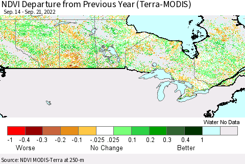 Canada NDVI Departure from Previous Year (Terra-MODIS) Thematic Map For 9/14/2022 - 9/21/2022