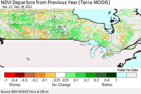 Canada NDVI Departure from Previous Year (Terra-MODIS) Thematic Map For 9/22/2022 - 9/29/2022