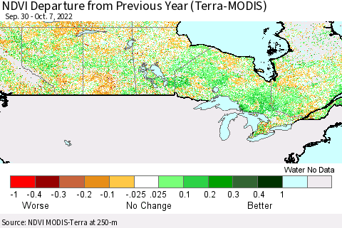 Canada NDVI Departure from Previous Year (Terra-MODIS) Thematic Map For 9/30/2022 - 10/7/2022