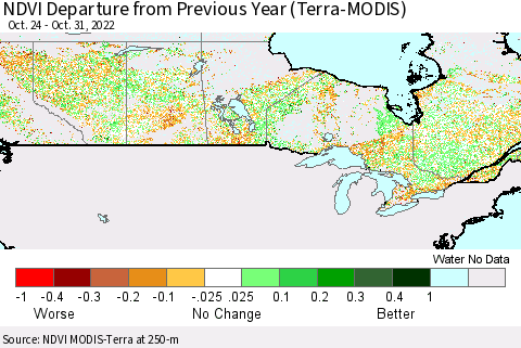 Canada NDVI Departure from Previous Year (Terra-MODIS) Thematic Map For 10/24/2022 - 10/31/2022