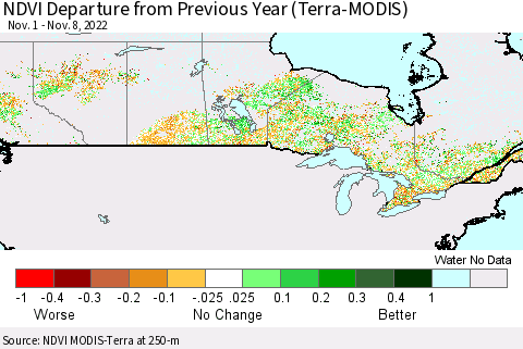 Canada NDVI Departure from Previous Year (Terra-MODIS) Thematic Map For 11/1/2022 - 11/8/2022