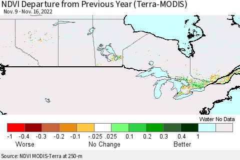Canada NDVI Departure from Previous Year (Terra-MODIS) Thematic Map For 11/9/2022 - 11/16/2022