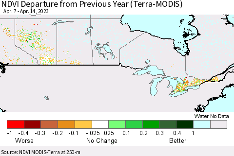 Canada NDVI Departure from Previous Year (Terra-MODIS) Thematic Map For 4/7/2023 - 4/14/2023