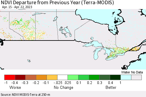Canada NDVI Departure from Previous Year (Terra-MODIS) Thematic Map For 4/15/2023 - 4/22/2023